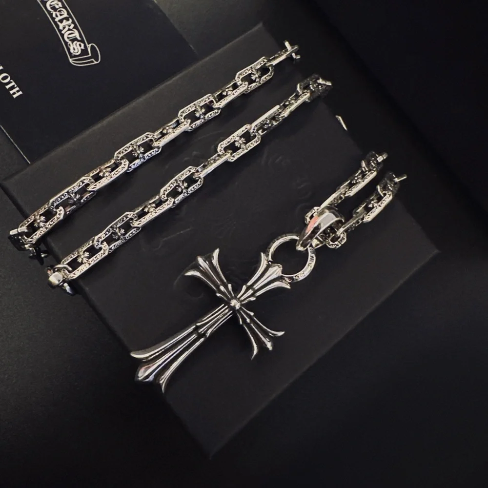 Chrome Hearts Silver Fleur Cross Necklace
